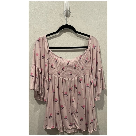 FREE PEOPLE Lana Off The Shoulder Pink Lilac Floral Bell Sleeves Tunic - Picture 7 of 7